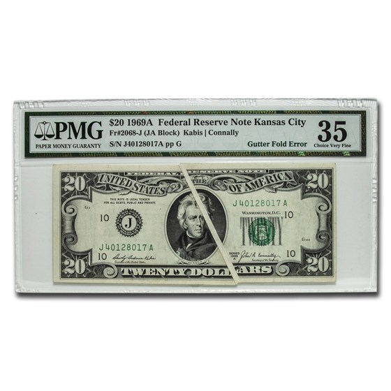 1969-A (J-Kansas City) $20 FRN CH VF-35 PMG (Gutter Fold Error) 1969-A (J-Kansas City) $20 FRN CH VF-35 PMG (Gutter Fold Error)